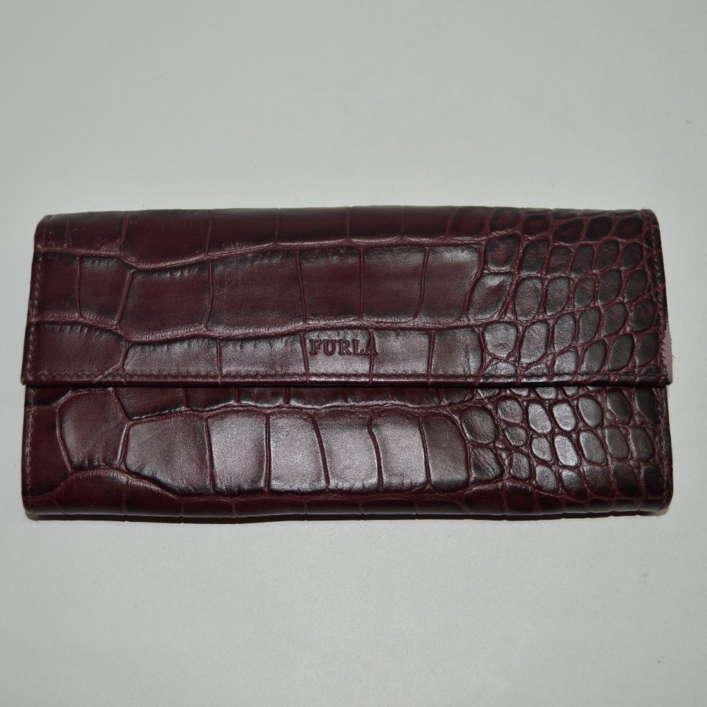 Furla Deep Plum Croc Embossed Leather Large Wallet